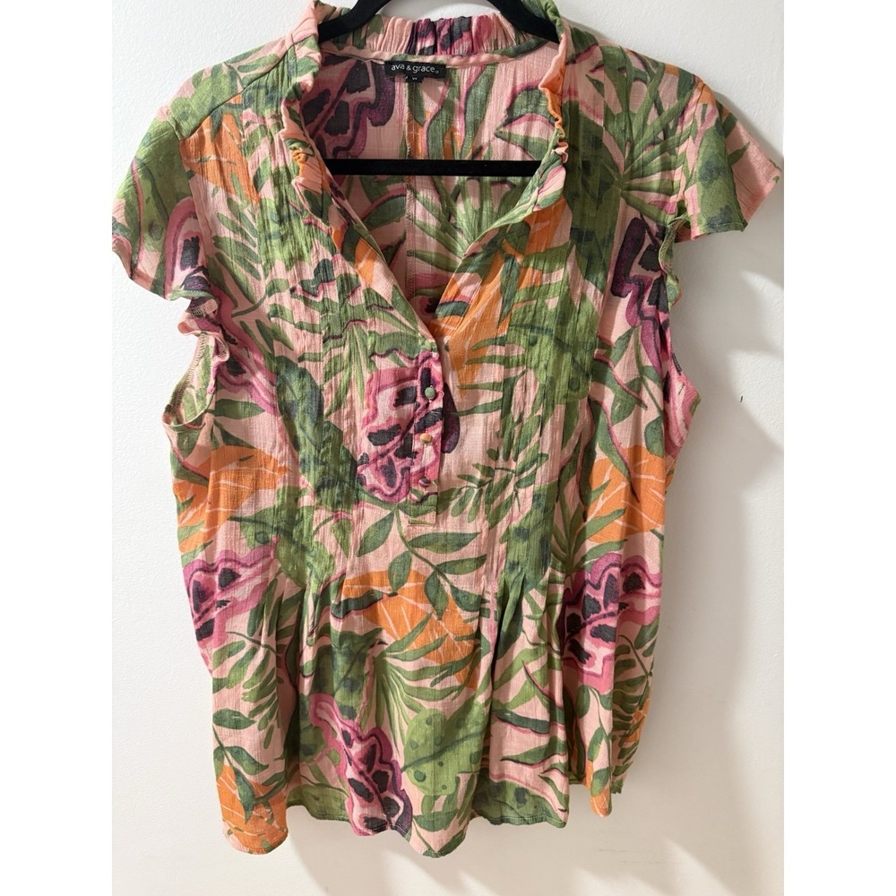 Ava & Grace Pink Floral Flutter Sleeve Chiffon Gauze Blouse XL SUMMER TROPICAL